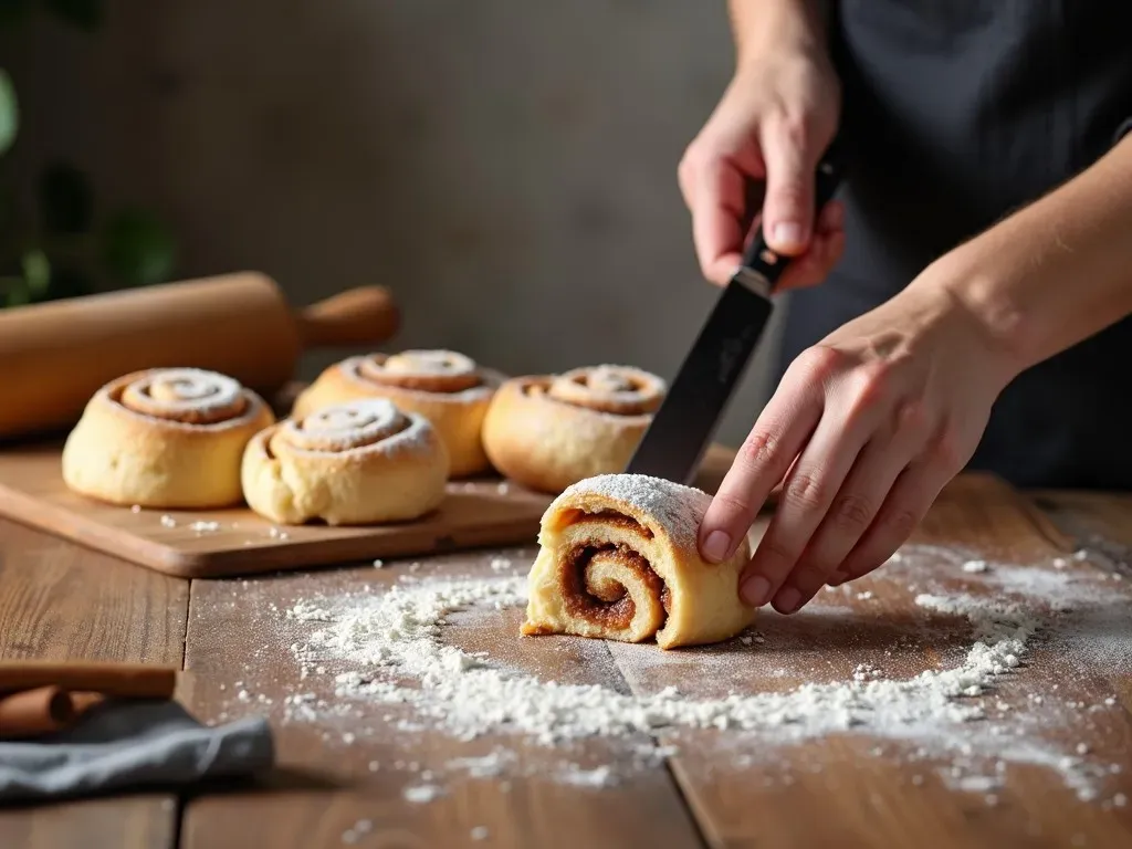 Cutting cinnamon rolls